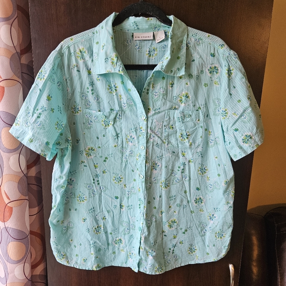 Kim Rogers Blue Floral Button-Up Shirt Size Large